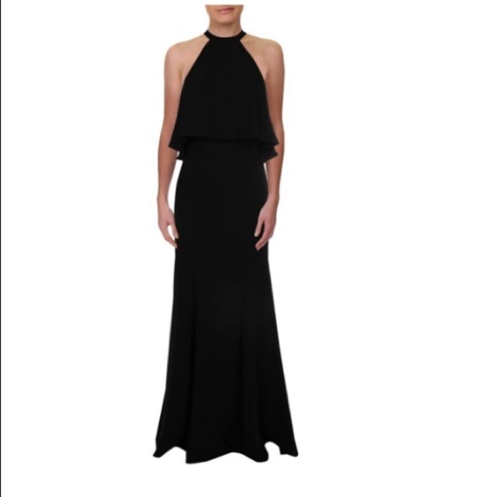 Xscape Black Pop Over Ruffle Back Gown Dress Size 10